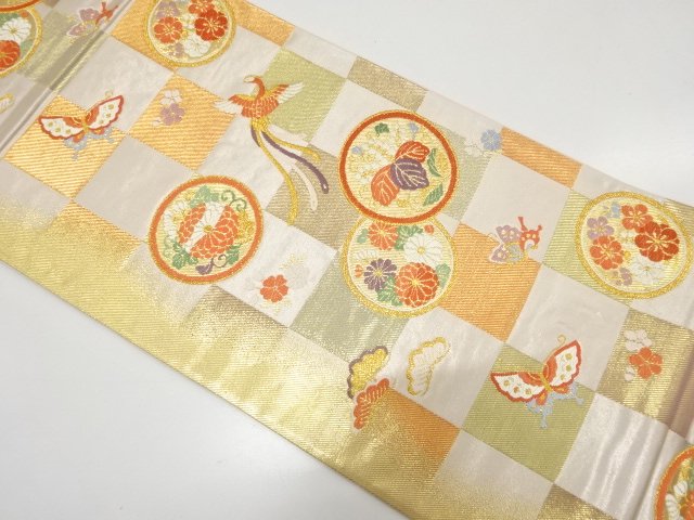 市松に鳳凰・花丸模様織り出し　袋帯